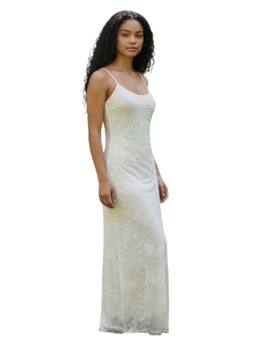 Vintage Y2K Ivory Mesh Embroidered Maxi Slip Dress USA Made Fairycore Boho Small